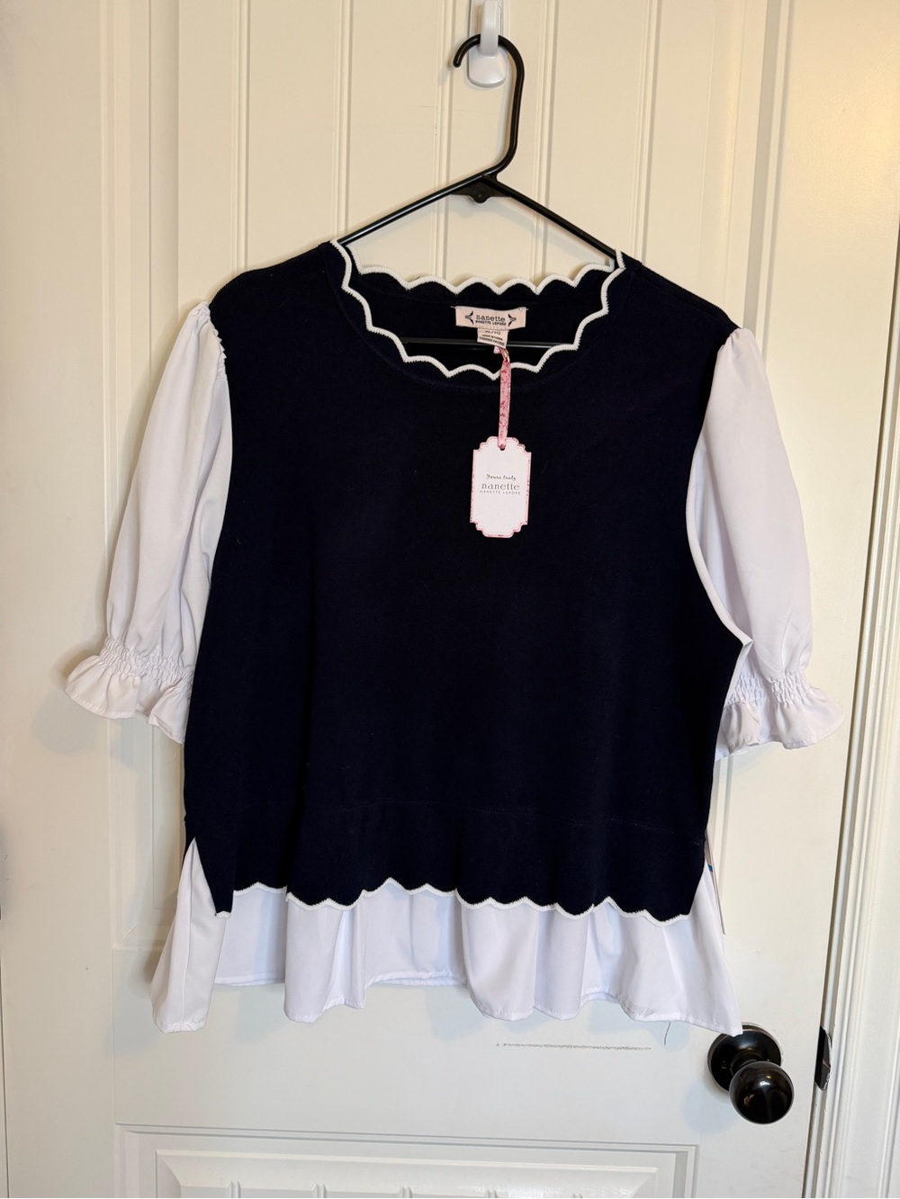 Nanette Lepore Navy and White Scallop-Trim Layered Sweater Top NWT